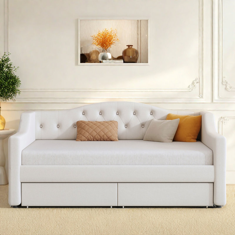 Lit de jour moderne rembourré avec ceinture à DEL, couchette et capitonnage à boutons, Double XL, Blanc