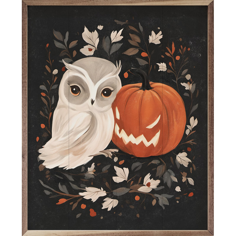 «Hibou blanc avec citrouille» sur bois, H 40 po x l 32 po