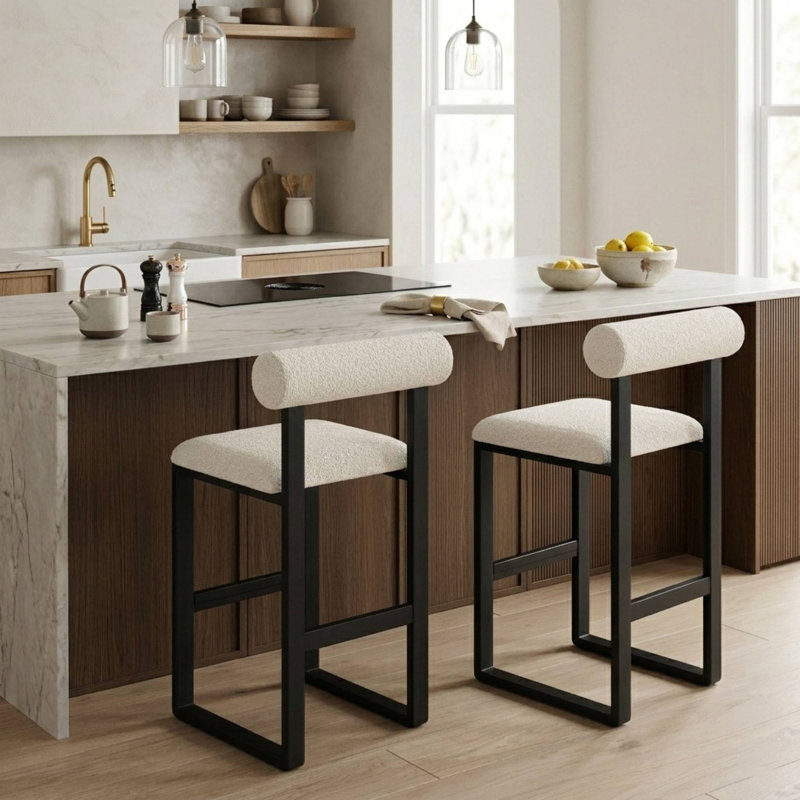 Brayden Upholstered Bar & Counter Stool with Wooden Sled Base, Black, White, Bar Stool (30” Seat Height)
