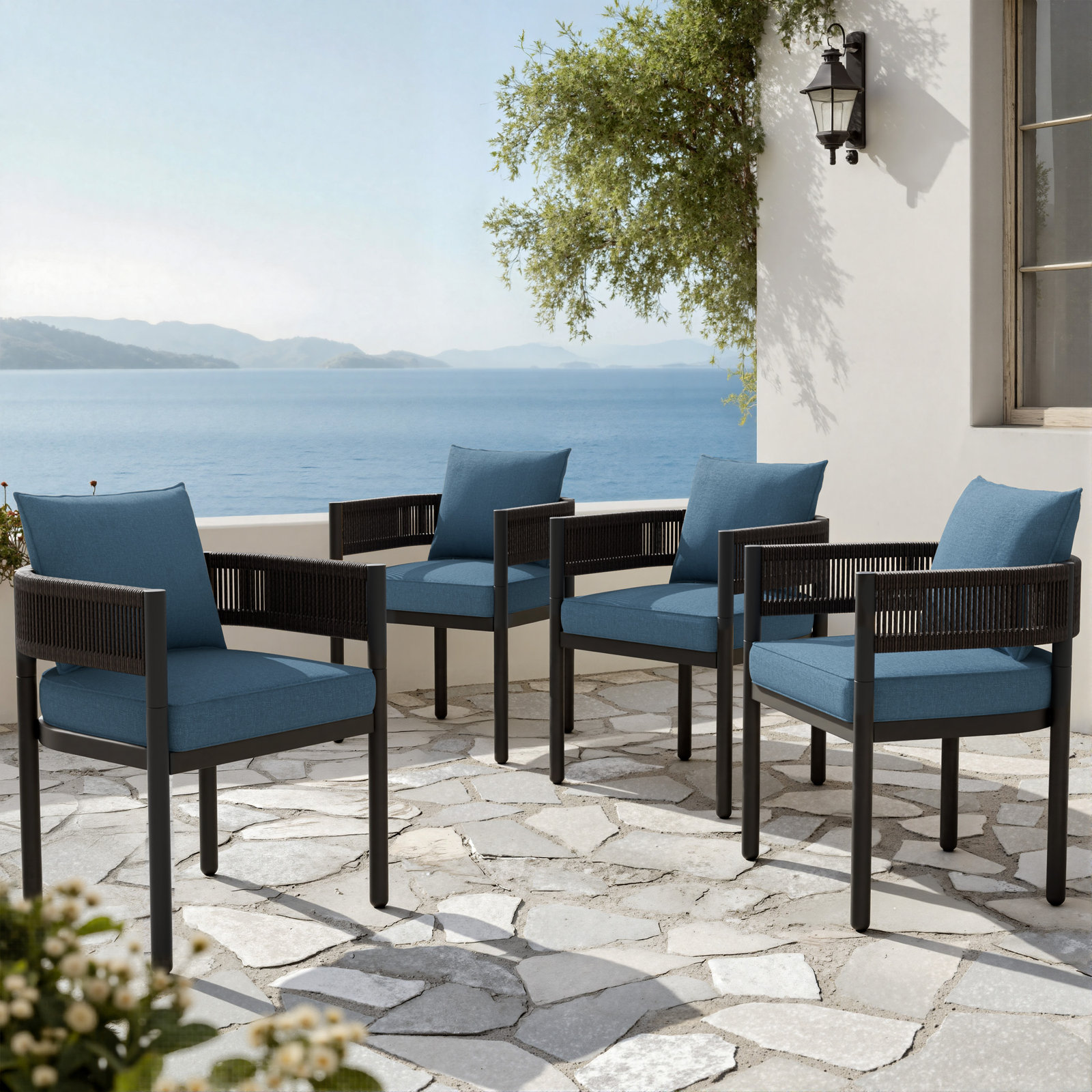 Alessandra Patio Armchair with Cushion, Dark Blue Cushion/ Black Arm