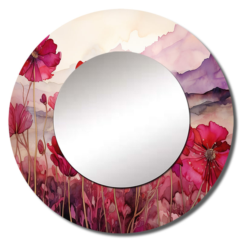 Perfectly Passionate Flowers Field - miroir mural décoratif floral, miroir rond rose, impression d'art en métal