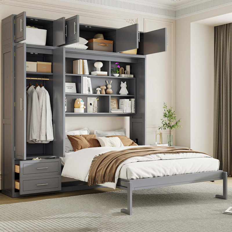 Grand lit escamotable mural avec armoire supérieure, tablettes et garde-robe, conception pliable peu encombrante, gris