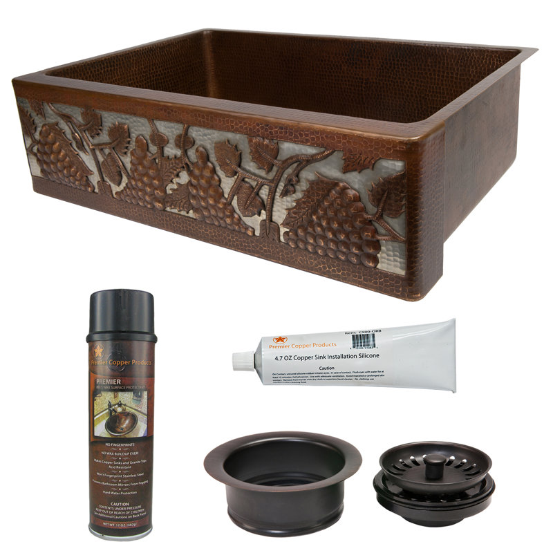 33" Hammered Copper Kitchen Apron Single Basin Sink w/ Vineyard Design and Apron Front Nickel Background with Matching Drain and Accessories