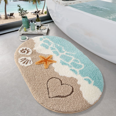 Tapis pour salle de bain de plage doux et absorbant LUMI, envers antidérapant, idéal pour la salle de bain, la cuisine et le vestibule, décor de bain d'étoiles de mer Sea Beach, bleu, 22 po x 34 po