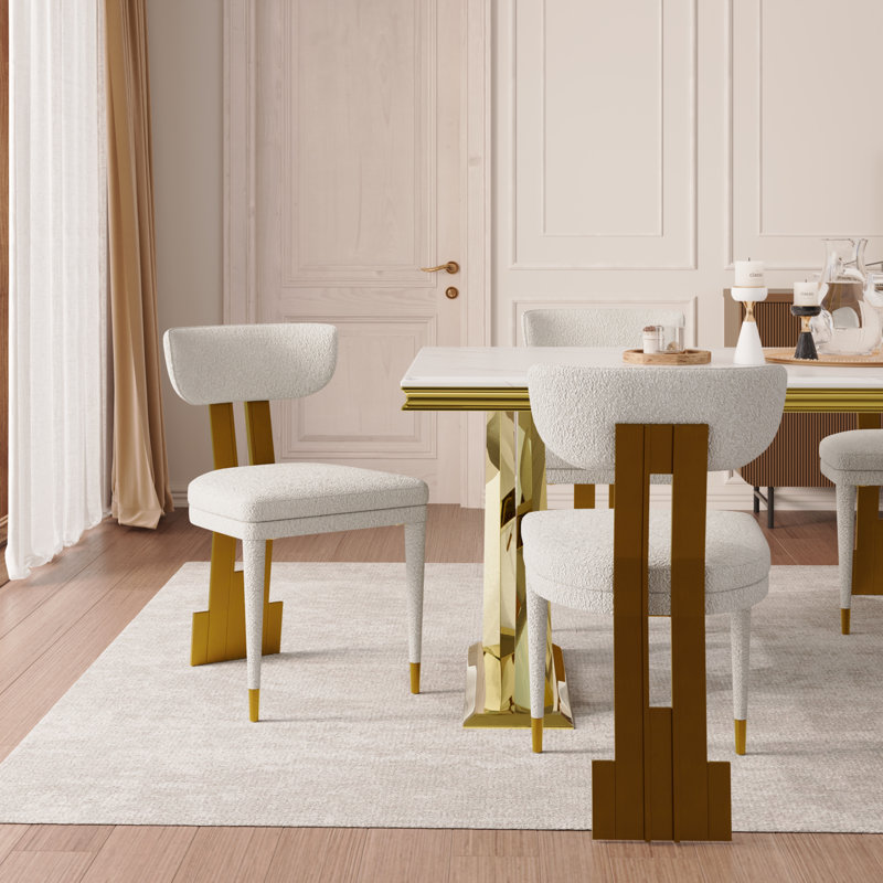 Chaise de salle à manger rembourrée White Boucle avec pieds dorés brossés, 4