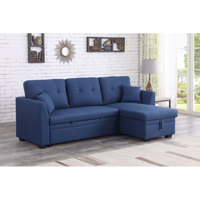 Sectional Sofa Sleeper Bed With Storage Chaise, Blue Linen Blend