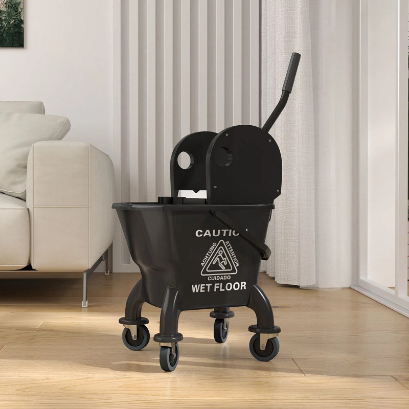 Mop Bucket With Wringer On Wheels, 27.5 Quart Down Press Wringer For Floor Cleaning, Rolling Mop Bucket With Handle And Mop, Black