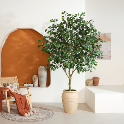 Grand 8Ft-9Ft Artificial Weeping Ficus Tree In Hand-Finished Antique Stone Jar Planter - High-Density Lush Faux Tree For Tuscan Style Grand Rooms & High Ceilings