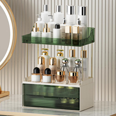 Organisateur de comptoir de salle de bain à 2 niveaux avec tiroirs - Tablette de rangement en acrylique de grande capacité pour les soins de la peau, le maquillage et les cosmétiques - Organisateur de meuble-lavabo multifonctionnel peu encombrant