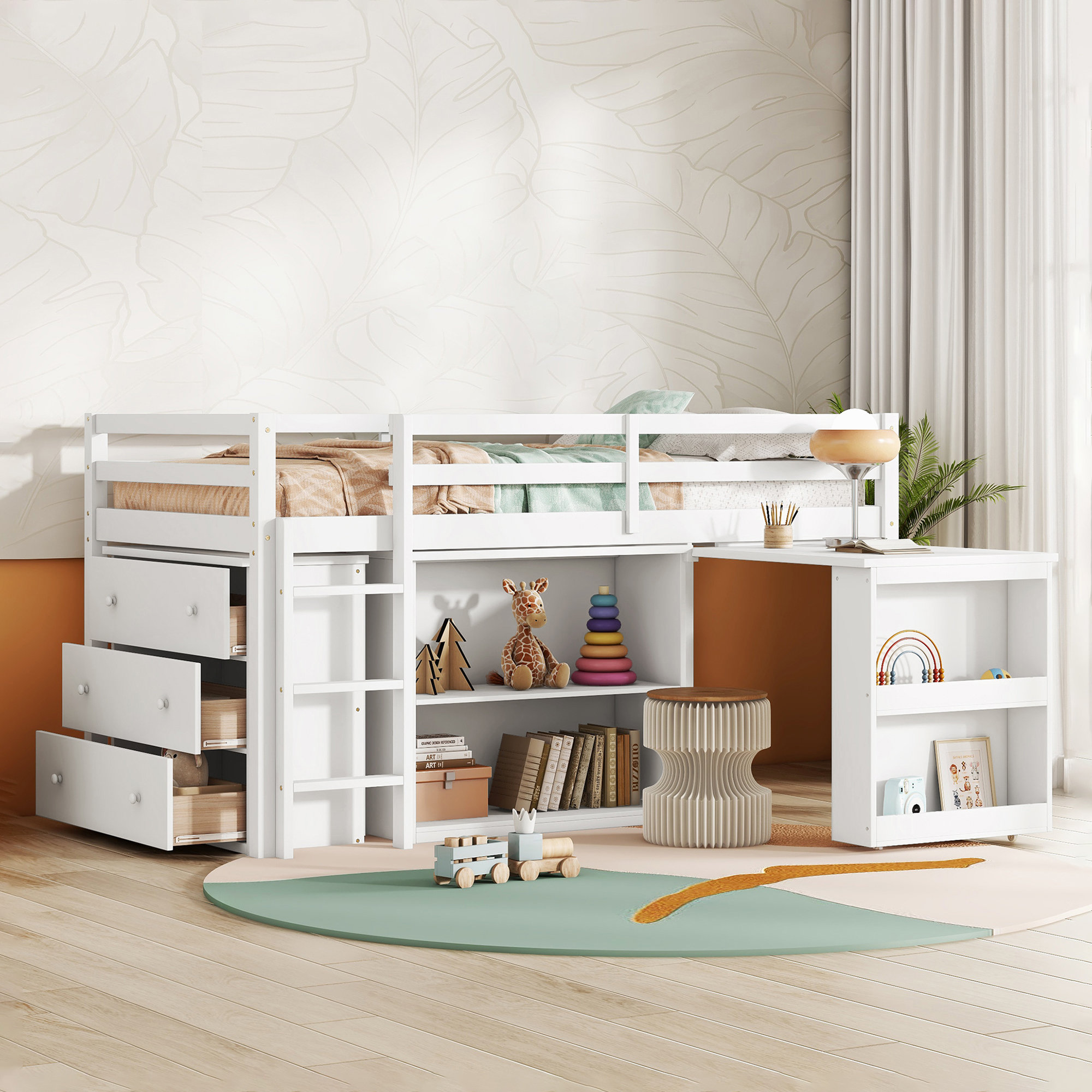 Harriet Bee Solid Wood Low Loft Bed with Desk & Storage