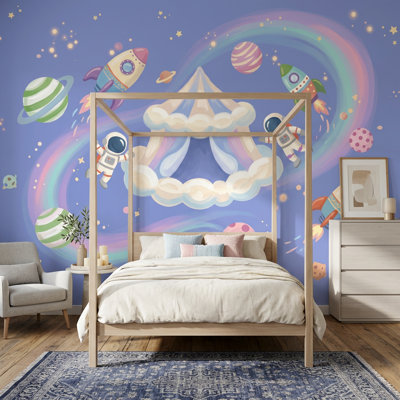 Papier peint espace Astronautes arc-en-ciel pastel