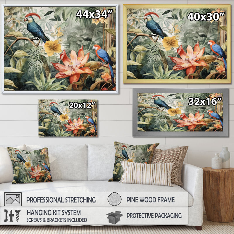 Perroquet au paradis II - Art encadré, H 24 po x l 32 po x P 1 po, Encadrement argenté