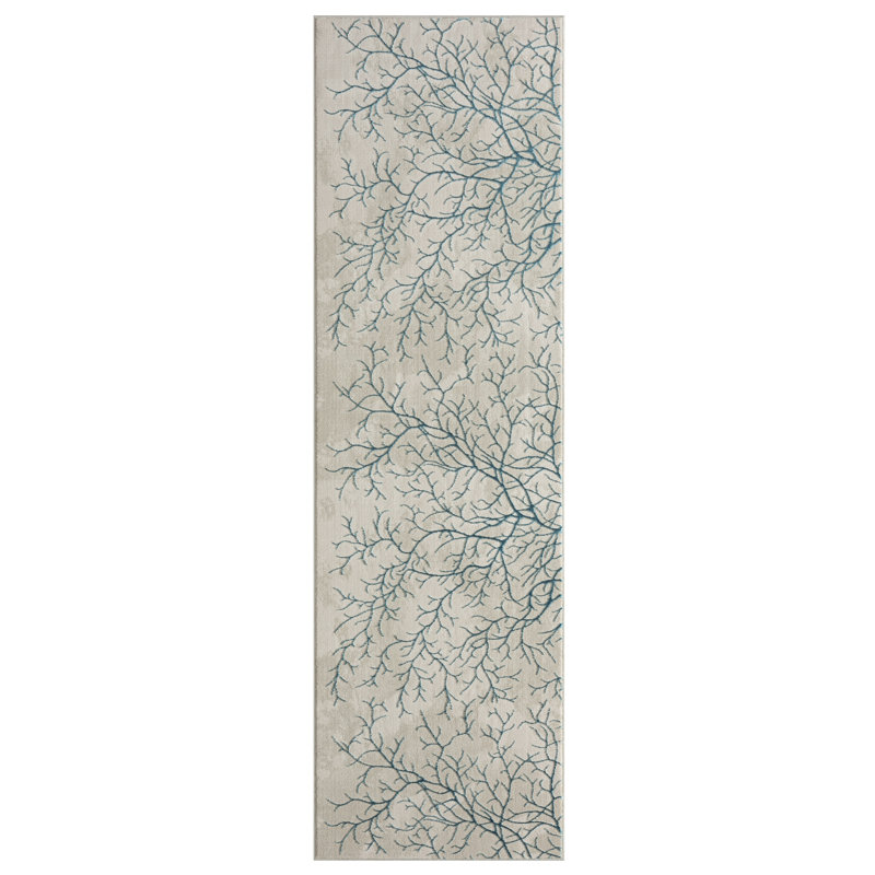 Tapis abstrait bleu / gris clair Ksamil, Tapis de couloir 2 pi 3 po x 7 pi 10 po