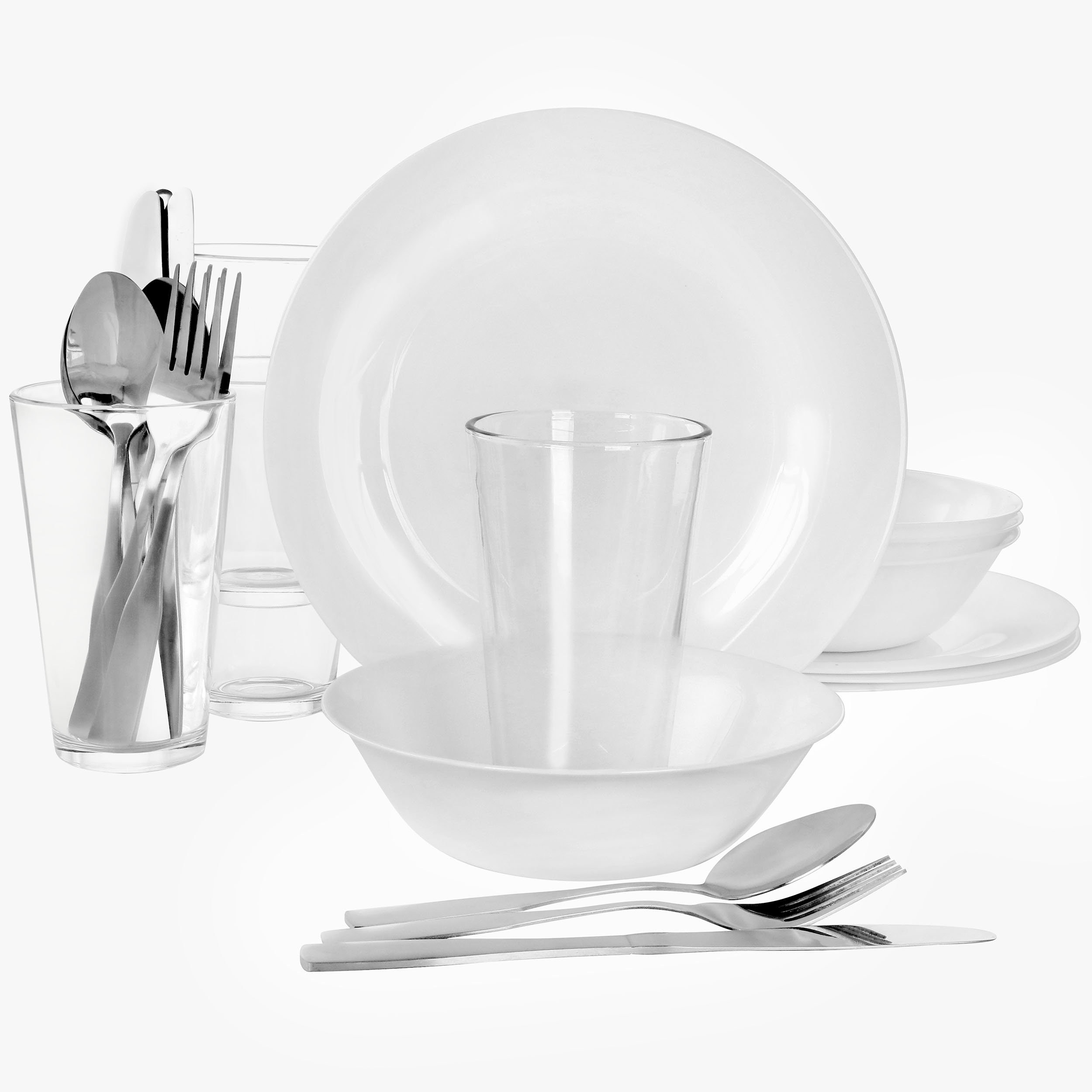 Gibson 24 Piece Opal Glass Dinnerware and Flatware Combo Set in White