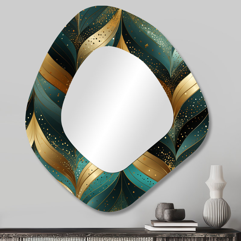 Chevron doré et vert doré Reverie - miroir décoratif asymétrique en marbre, grand miroir mural de forme irrégulière moderne, impression d'art en métal