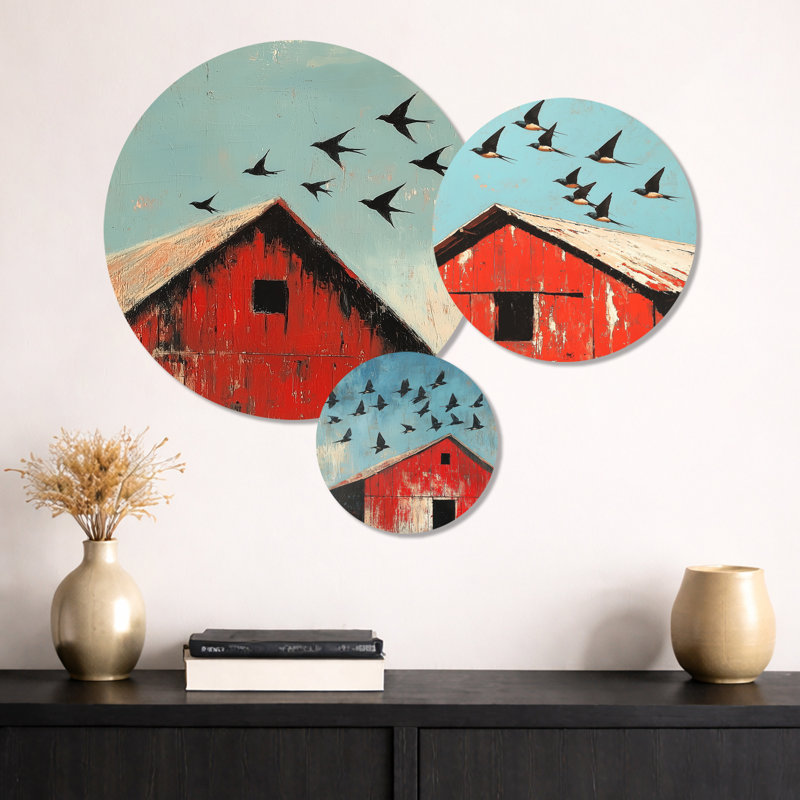 «Swallows Birds Over The Red Barn I», ensemble de 3 impressions murales en métal