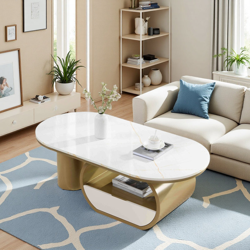 Table basse luxueuse moderne ovale, table basse de 47,24 po avec tiroir de rangement, plateau en faux marbre