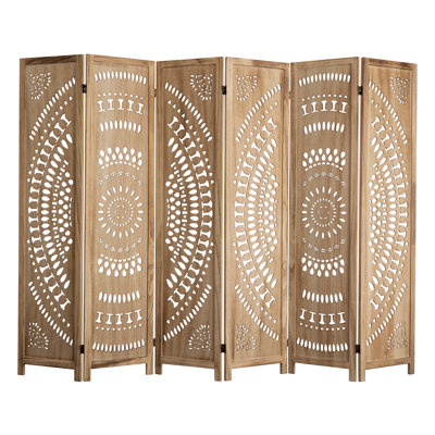 67'' H Solid Wood Folding Room Divider Privacy Screen with Hand-Carved Floral Design