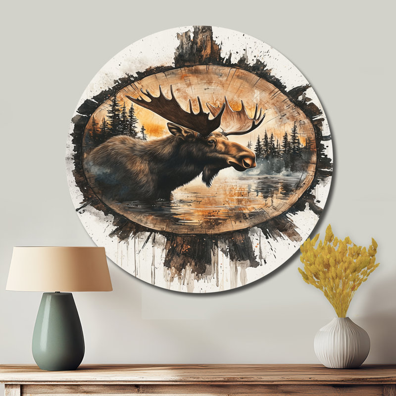 Portrait d'orignal canadien dans un paysage de lac - reproduction murale moderne en métal brun, H 16 po x l 16 po
