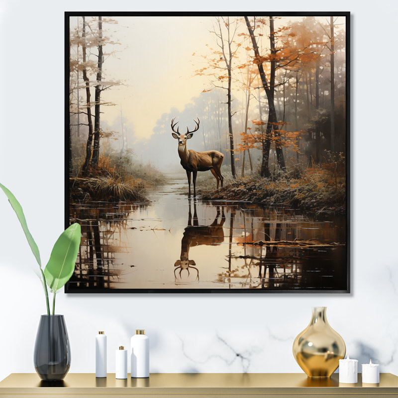 «Animal Deer Misty Morning II», impressions sur toile, Cadre flottant noir, H 16 po x l 16 po x P 1 po