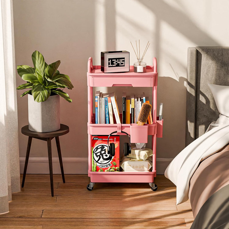 Chariot de rangement à 3 niveaux avec roulettes, organisateur mobile avec tiroir et crochets pour la cuisine, la salle de bain, la salle de lavage, le bureau, la chambre à coucher - tablettes réglables, conception robuste et peu encombrante