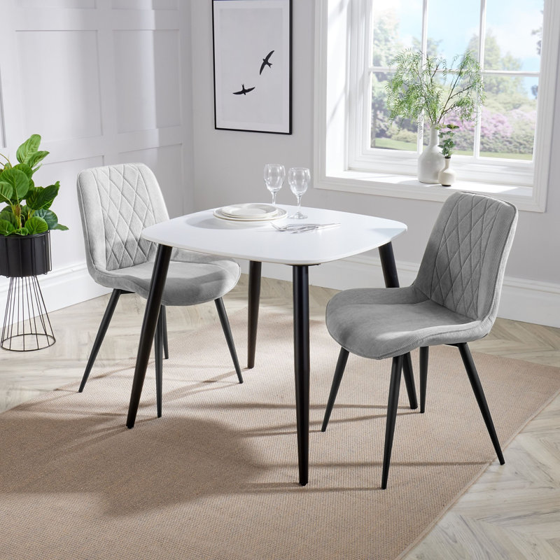 Aspen 3-Piece Casual Dining Set - Square Dining Table & Two Upholstered Diamond Fabric Chairs, Grey, White