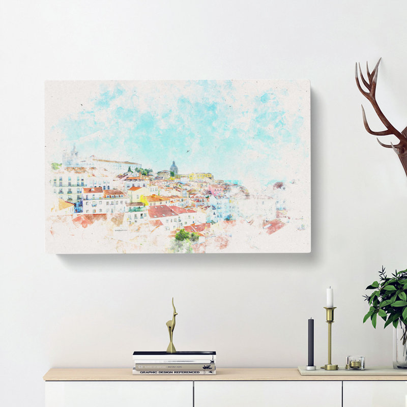 Skyline of Alfalma Lisbon Portugal Watercolour - Wrapped Canvas, 35cm H x 50cm W x 3cm D