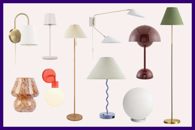collection of wall sconces, floor lamps, and table lamps