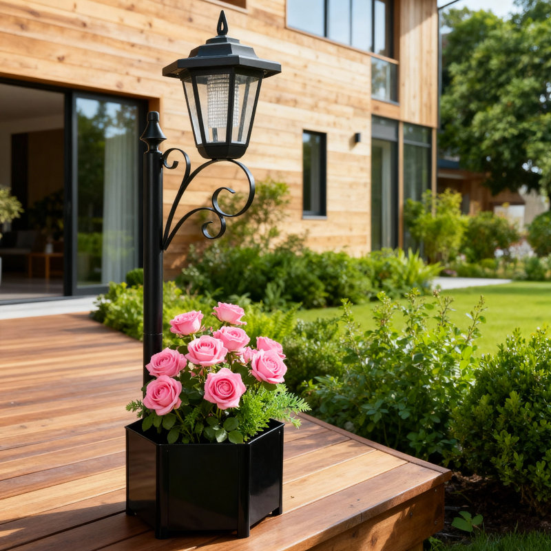 29-inch Black Solar-powered Led Garden Light Post With Planter, Automatic Dusk To Dawn Sensor For Yard, Patio, And Pathway