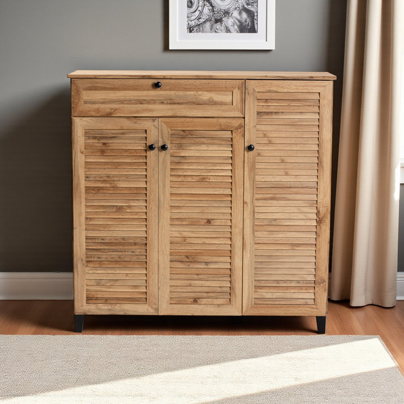 3-Door Shoe Storage Cabinet in Oak Brown Finished Wood, 45.03'' H X 45.11'' W X 14.42'' D