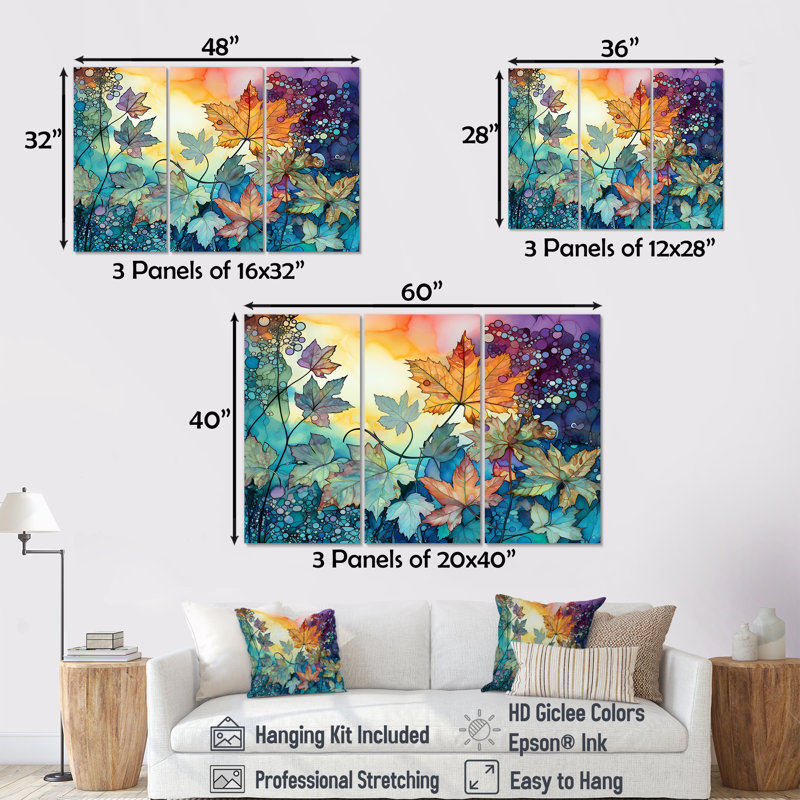 Leaves Autumn Sunlight Harmony - Ensemble de décorations murales feuilles, Toile tendue, H 32 po x l 48 po x P 1 po