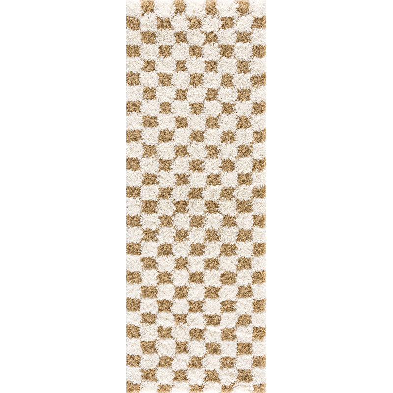 Atiran Checkered Plush Pile Brown Area Rug, Runner 2'7" x 7'3"