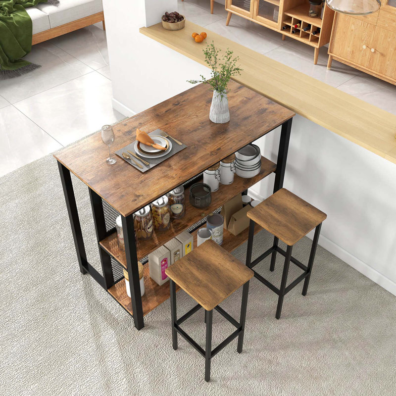 17 Stories 36" Tall 3-tier Bar Table With Storage Metal Frame Adjustable Foot Pads Grey, Rustic Brown