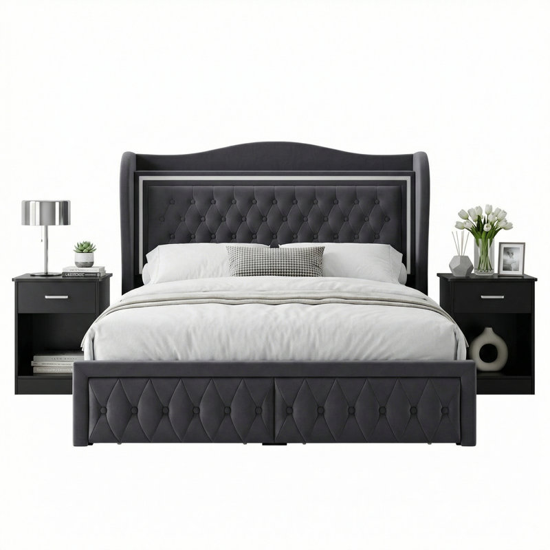 Ensemble de chambre à coucher 3 pièces, lit plateforme tapissier en velours avec éclairage à DEL et 2 tiroirs de rangement sous le lit, 2 tables de chevet avec tiroirs