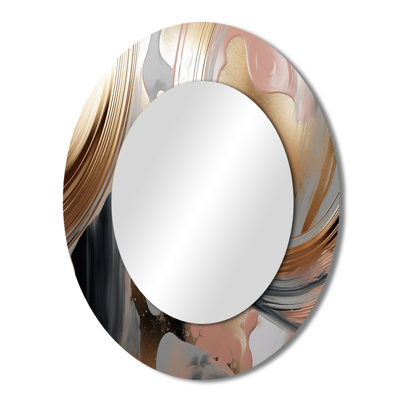 Abstract Golden And Pink Infinity Circles VII - Abstract Oval Decorative Mirror On Metal, 43" x 33"