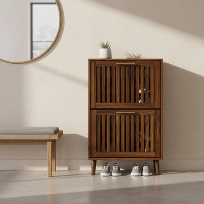 Armoire à chaussures de style Mid-Century moderne avec double tiroir rabattable, unité de rangement autoportante pour vestibule ou couloir