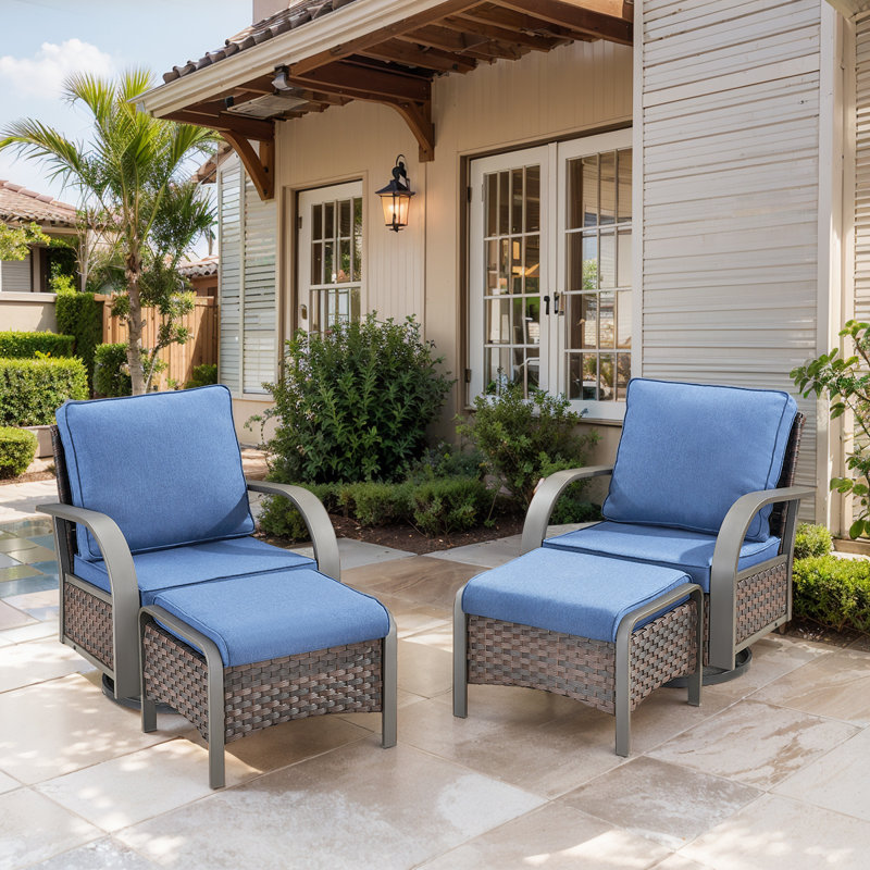 Bobra Outdoor Wicker Rattan Swivel Rocking Patio Chairs With Cushions And Ottomans, Blue