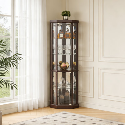 Corner Curio Display Cabinet with LED Lighting and Adjustable Glass Shelves for Living Room