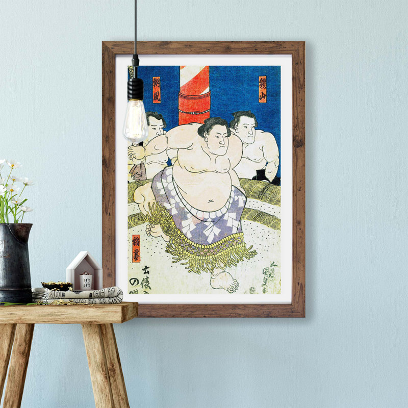 Three Sumo Wrestlers - Framed Print, 33cm H x 45cm W x 2cm D, Walnut