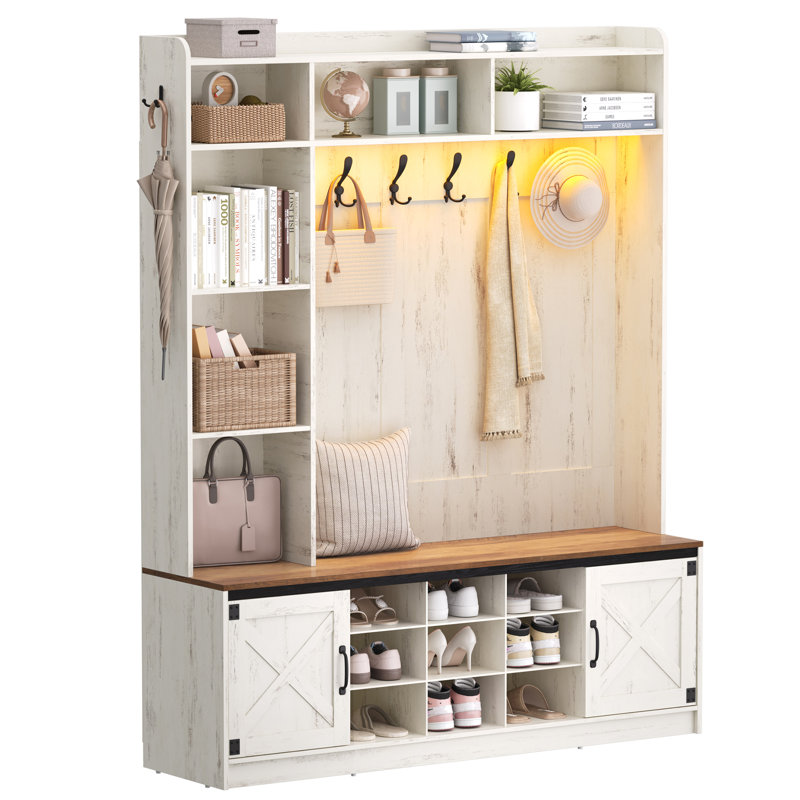 47.2" Hall Tree, LED Farmhouse Entryway Storage and Coat Rack Wood, Entryway Furniture with 7 Hooks, Hall Tree with Bench and Storage, 6 Storages Partitions Shoe Bench, White