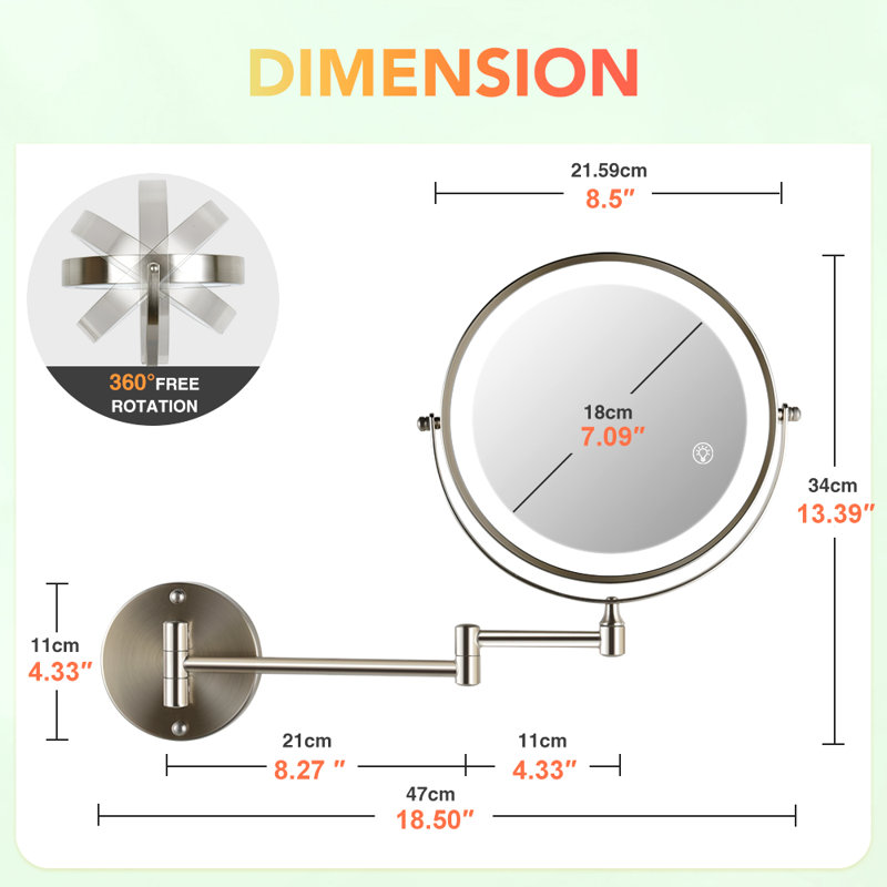Miroir de meuble-lavabo mural 8,5 po à DEL, miroir de maquillage rond en métal rechargeable, 1x / 10x, nickel, Nickel brossé