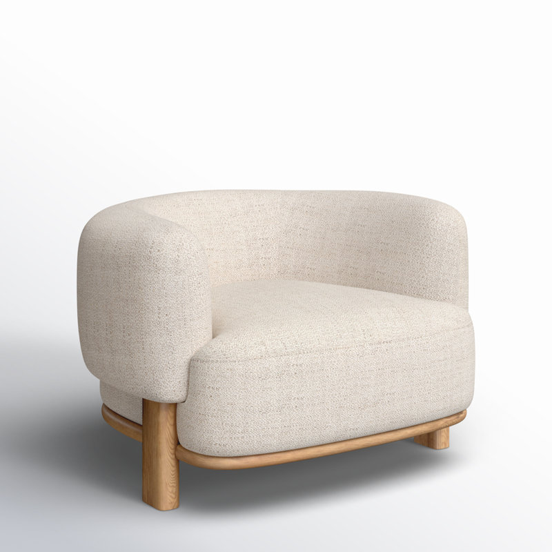 Cream Upholstered Barrel Chair with Natural Ash Wood Legs