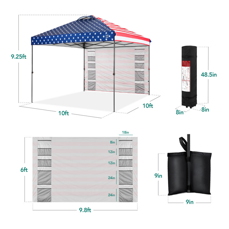 10X10ft Easy Setup Pop Up Canopy, Portable Tent W/ Side Wall, 1-Button Push, Case, American Flag