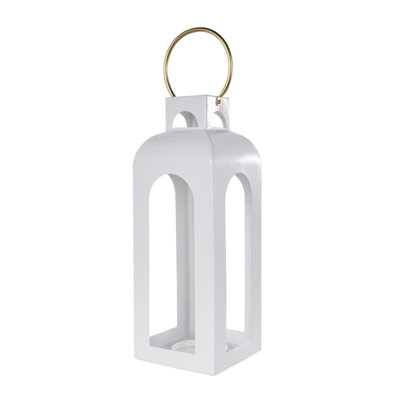 Metal Tall Arched Cutout Indoor Outdoor White Candle Lantern with Gold Handle