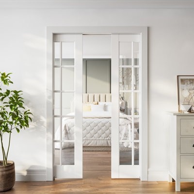 10-Lite Clear Glass Sliding Pocket Doors White Primed Standard Door with Hardware Kit