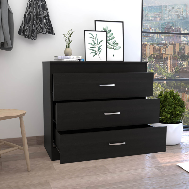  Commode à trois tiroirs Zurich, quincaillerie en métal, plateau supérieur, chambre noire, Noir