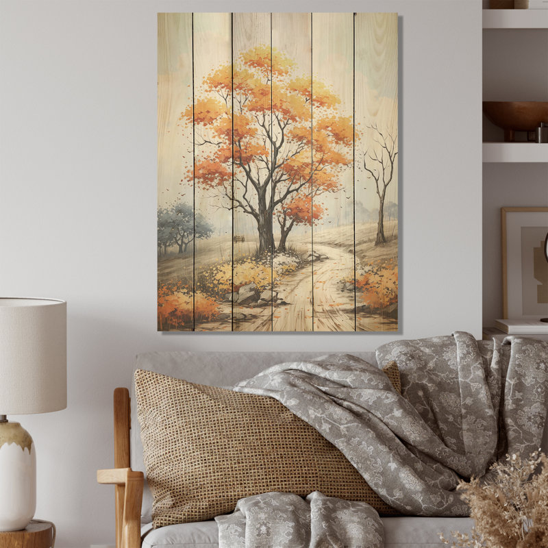 Érable orange, paysage, érable, art sur bois de pin naturel, H 32 po x l 24 po