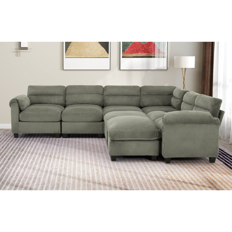Dona 8-Piece Corduroy Upholstered Modular Sectional, 2 Ottomans, Pillowtop Arm, Green Corduroy