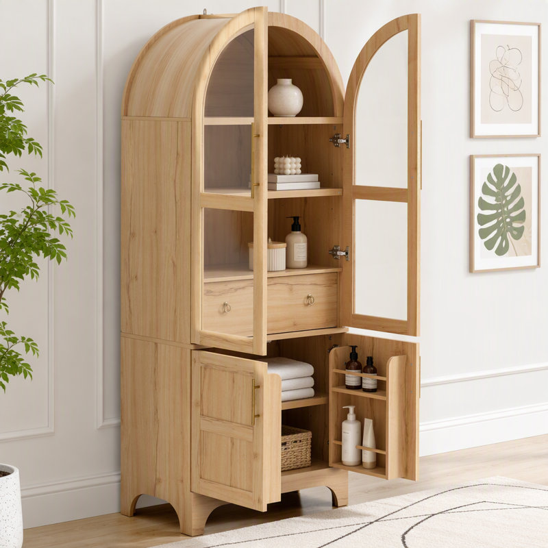 Grand garde-manger arqué avec tablettes de porte, tiroirs et tablettes, Naturel