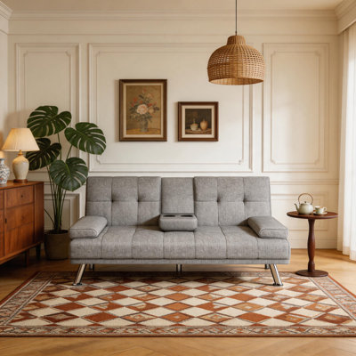 Light Gray Linen Convertible Futon Sofa Bed with Cup Holders, Tufted Sleeper Couch with Metal Legs  